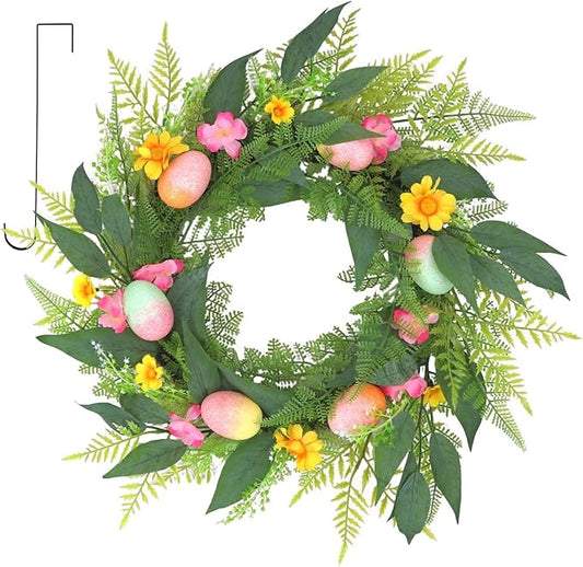 20 Inchs Spring Easter Wreath, Farmhouse Artificial Spring Wreath, Decor with Colorful Easter Eggs, Yellow and Pink Flowers & Green Eucalyptus Leaves, for Door Wall Window Fences
