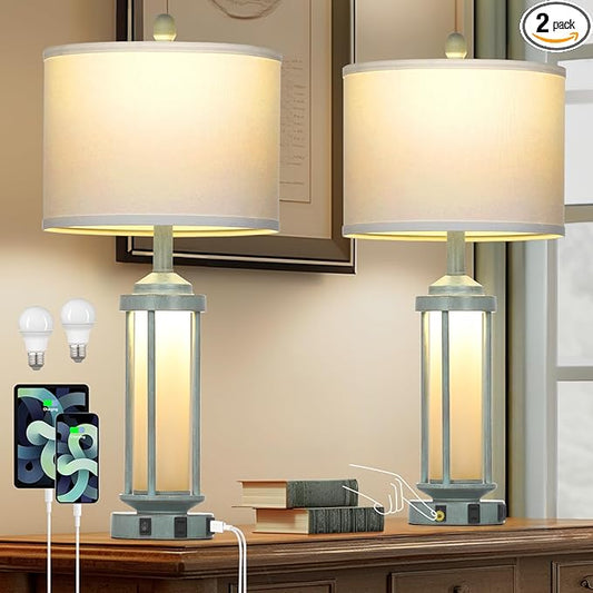 Farmhouse Table Lamps for Living Room, 27" Vintage Rustic Beside Lamp Set of 2 with USB A+C Charging Ports & AC Outlet, Retro Nightstand Lamp with Fabric Shade for Bedroom Entryway(4 Bulbs Included)