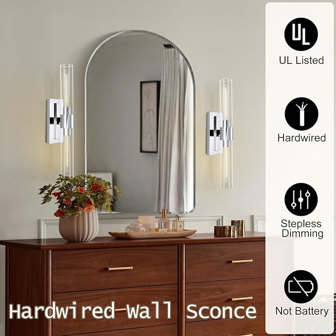 Nickel Bathroom Vanity Light, 2-Light Bathroom Wall Sconce Over Mirror, Chrome Vanity Lights for Bathroom, Dimmable Vanity Sconce with Glass Tube, Indoor Linear Wall Sconce for vertical and horizontal