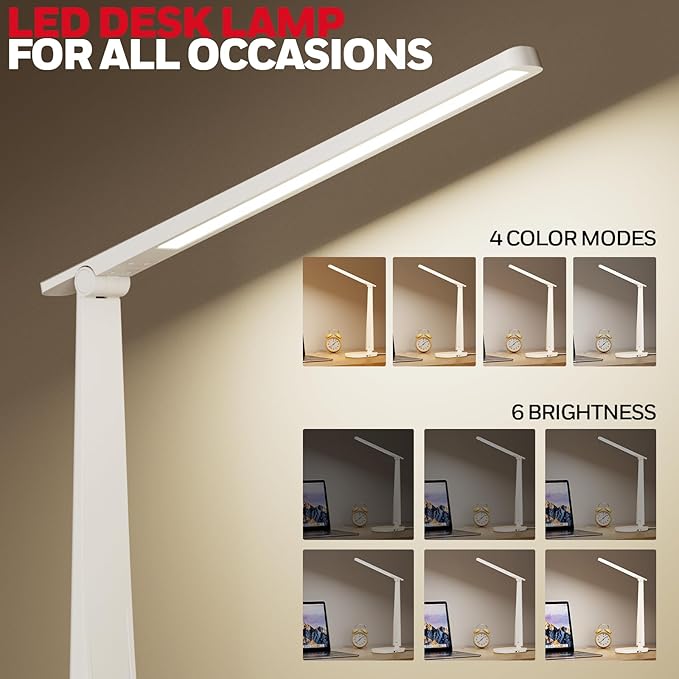 Honeywell LED Desk Lamp for Home Office, Eye-Caring Light with 4 Color Modes & Touch Control, USB A+C Charging Ports, Adjustable Rotating Head with Timer for Reading, Bedroom & Small Desks