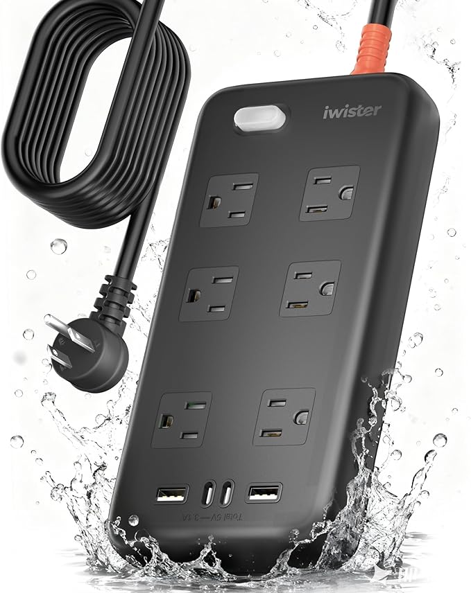 Outdoor Power Strip Weatherproof IPX6,1625W/13A15 Ft Extension Cord,4 USB Ports & 6 Wide Outlets for Multiple Devices,Wall Mountable for Yard,Workshop,Poolside,RV Camping,Black