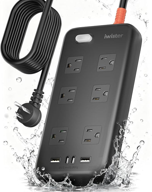 Outdoor Power Strip Weatherproof IPX6,1625W/13A15 Ft Extension Cord,4 USB Ports & 6 Wide Outlets for Multiple Devices,Wall Mountable for Yard,Workshop,Poolside,RV Camping,Black