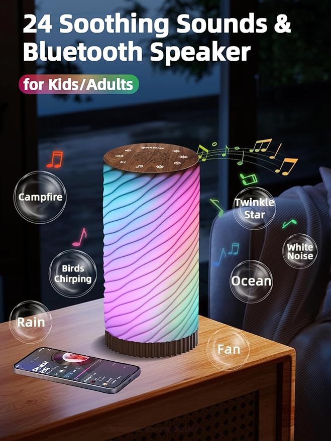 Sound Machine with Night Light, White Noise Sound Machine Mood Lamp for Adult Relaxation - 24 Soothing Sounds, Bluetooth Speaker, Touch Control, Timer, Adjustable Volume & Brightness for Bedroom