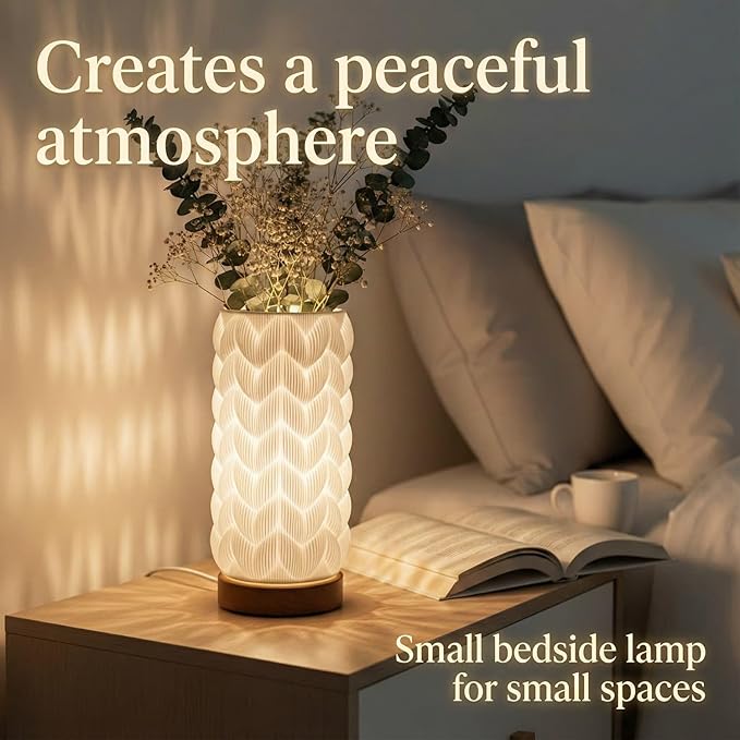 3D Printed Mini Lamp, Small Bedside Lamp with 3-Color Dimmable LED, Small Nightstand Lamp for Tight Spaces, Beautiful Lamp with Wooden Base - Honeycomb