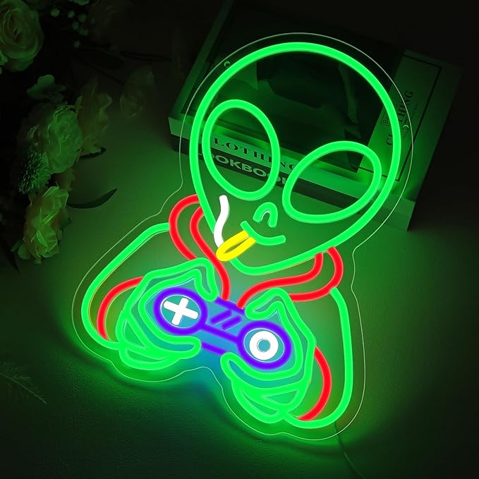 Alien Neon Signs for Wall Decor,Dimmable Alien Playing Games Led Lights Signs for Bedroom Man Cave Game Room Home Bar Party Decor,USB Powered Alien Neon Light for Boys Birthday Gifts 15.7X12.2 in