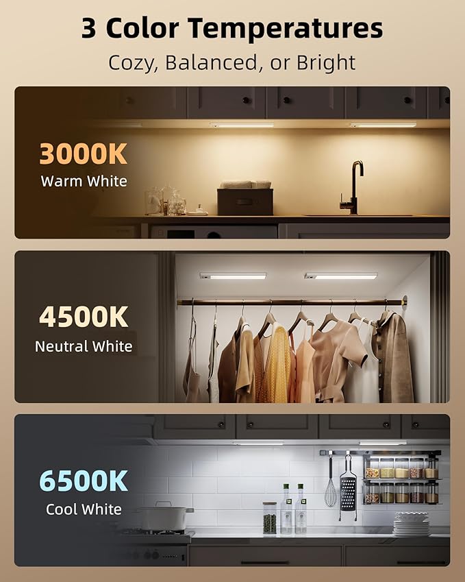 EZVALO 3-Pack Under Cabinet Lighting, 3200mAh Rechargeable Motion Sensor Light, 12inch Magnetic Closet Lights with Dimmable & 3 Color Temps, Wireless Motion Activated Lights with Remote for Kitchen