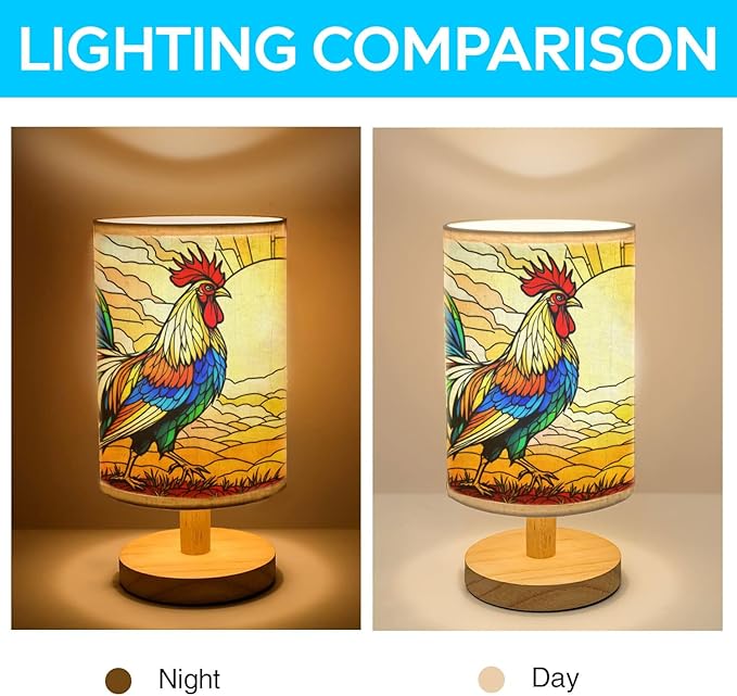 Rooster Table Lamp LED 3-Color Pressed Bedside, Rooster Shade Lamp with Wood Base for Bedroom Living Room Desk Office TL01