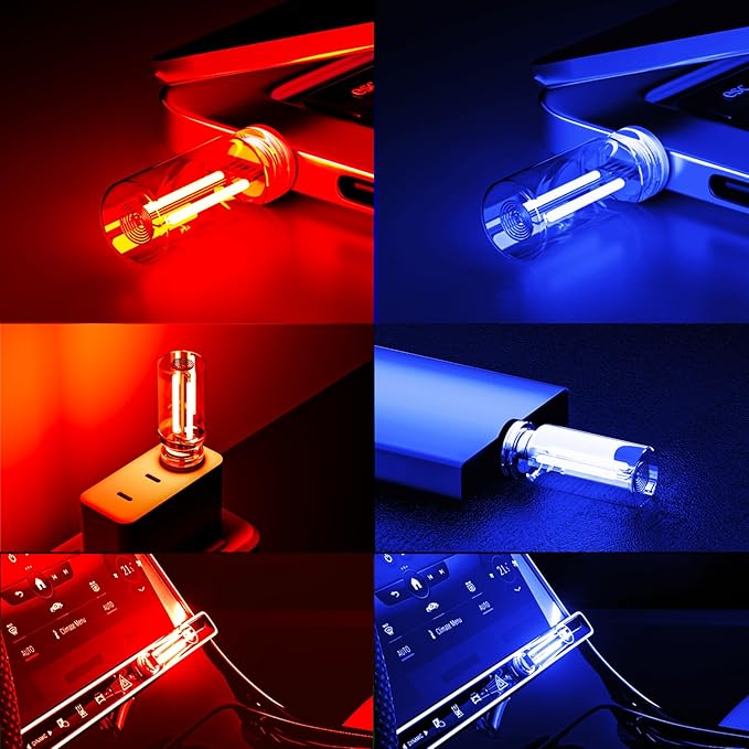 4 PCS USB Night Light Bulb, Portable Plug-in Retro Car Interior Ambient Lights, Mini Touch Dimmable Glass Bottle LED Bulb for Vehicle, Bedroom, Hallway, Camping, Holiday(2Red&2Blue)