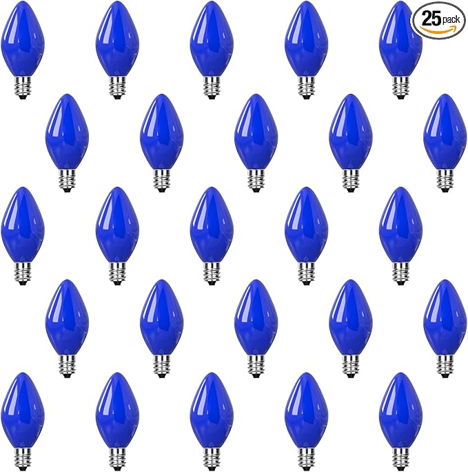 25-Pack C7 Blue Christmas Replacement Light Bulbs, 5W C7/E12 Candelabra Base Night Light Bulbs for Outdoor String Lights, Christmas Decorations, Patio and Party Lighting