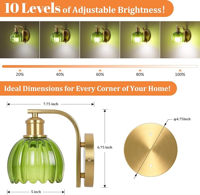 Rechargeable Battery Operated Wall Sconce with Green Glass Lampshade, Wireless Wall Scone Decor with Remote Control, 15 Colors Gold Wall Light for Bedside Hallway Bedroom Doorway