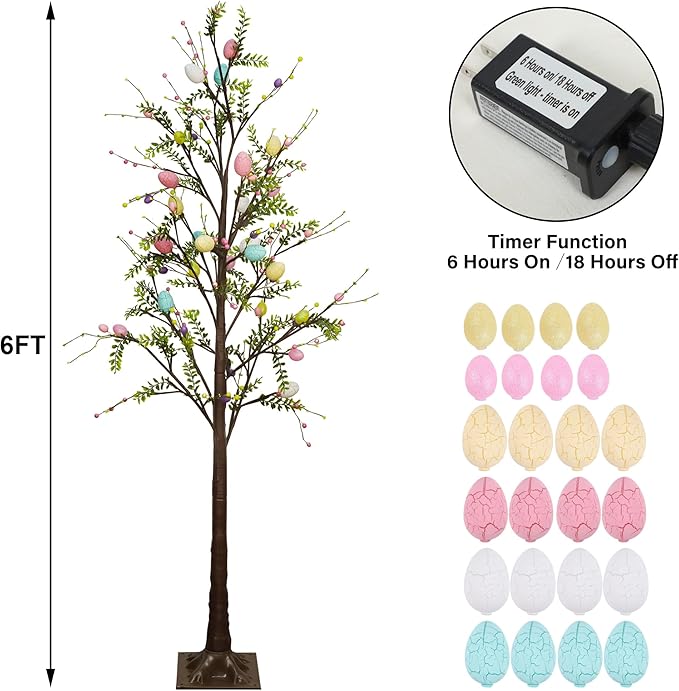 DR.DUDU 6FT Lighted Easter Tree with Timer, Large Easter Decorations for Home & Outdoor Porch, Pre-Lit Egg Trees with LED Lights & Colorful Eggs for Spring Party Office Decor