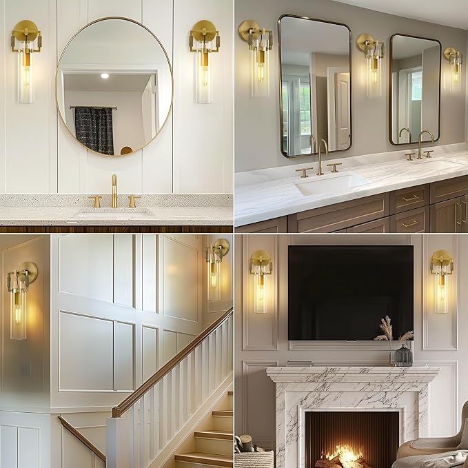 Modern Gold Indoor Wall Sconces Set of 2, 15'' knurled Brass Bathroom Wall Sconces, Glass Bathroom Vanity Light, for Living Room, Bedrooms, Hallway, Staircases, Include Bulb
