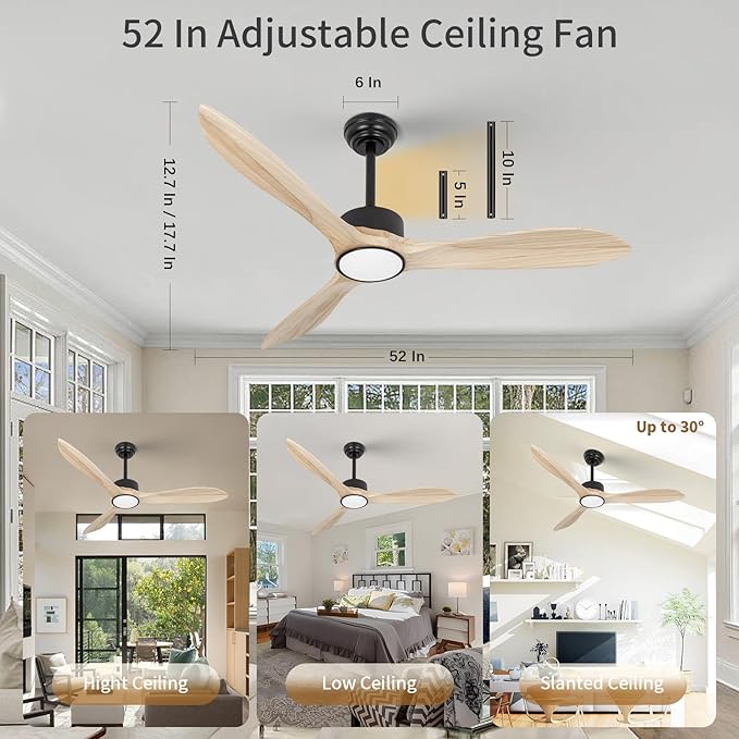 Wood Ceiling Fan with Lights,52Inch Ceiling Fans with Remote Control,Dimmable Light,3 CCT,6 Speeds,Noiseless DC Motor,2 downrod,Ceiling Fan for Bedroom,Living Room,Office,Indoor