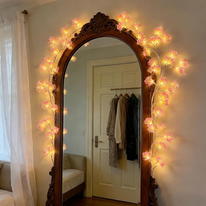 Cherry Blossom Tree Branch Lights: Cherry Blossom Willow Vine Garland with 54 LED Light and Remote for Wall Decor - 4 Lighting Modes Christmas Indoor Decorations for Home Bedroom Window (Pink)
