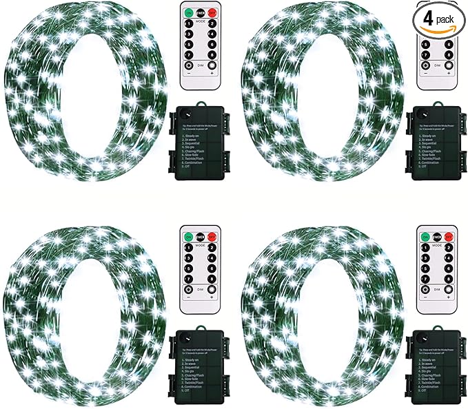 ZAIYW Battery Fairy Lights 4 Pack 16.5Ft 50LED Fairy String Lights with Remote Timer 8 Modes, Dark Green Copper Wire Waterproof Christmas Lights for Outdoor Wedding Tree DIY Decor (Cool White)