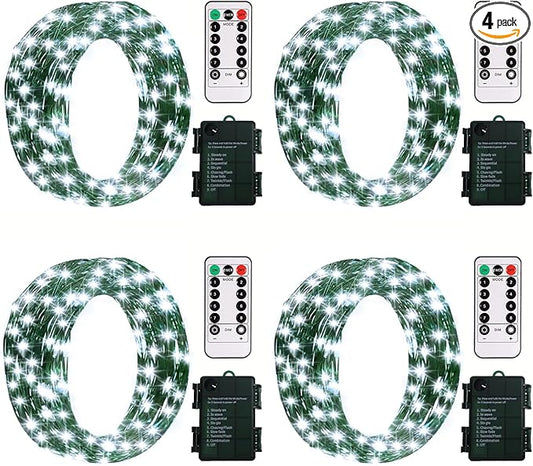 ZAIYW Battery Fairy Lights 4 Pack 16.5Ft 50LED Fairy String Lights with Remote Timer 8 Modes, Dark Green Copper Wire Waterproof Christmas Lights for Outdoor Wedding Tree DIY Decor (Cool White)