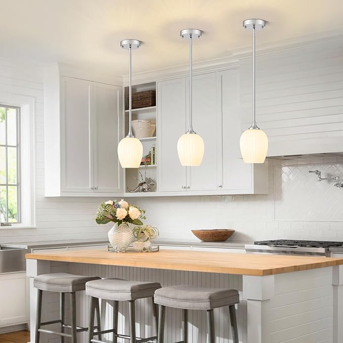 Brushed Nickel Pendant Lights Kitchen Island 2 Pack, 5.8" Modern Milk Glass Pendant Light Fixtures with Rods, Mini Hanging Lighting for Kitchen Island Sink Bathroom Dining Room, E26 Base