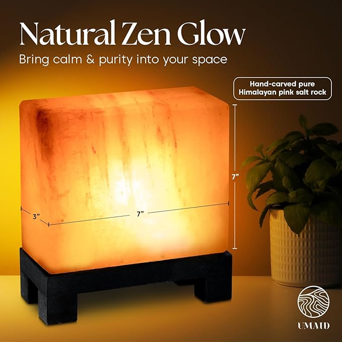 UMAID Himalayan Salt Lamp Rectangle, Natural Pink Rock Lamp on Modern Wood Base with Night Light Bulb and Dimmable Cord, Unique Home Decor, Zen Gifts, Perfect for Spa and Meditation Accessories