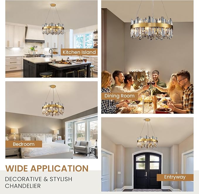 Siljoy Modern Crystal Chandeliers, 12 Lights Brass Gold Raindrop Crystal Chandelier Lighting, Adjustable Hanging Pendant Light Fixture for Dining Room Living Room Kitchen Island D23.6''