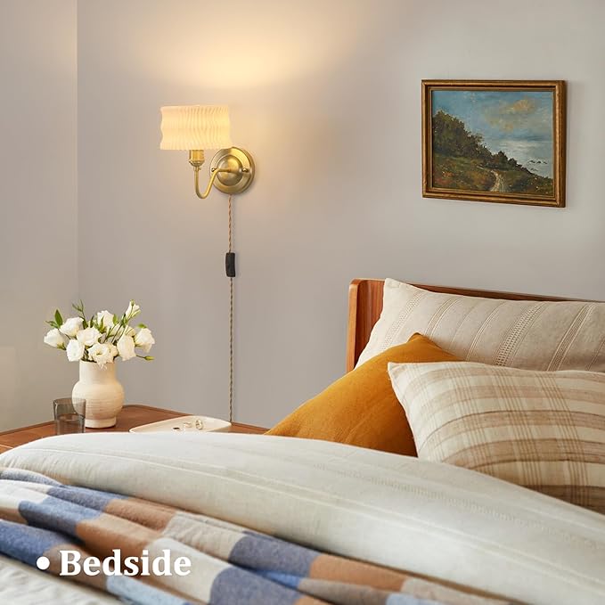 Plug in Wall Sconce Set of 2, Gold Vintage Wall Decor Lights with White Ripple Glass Shade, Indoor Brass Corded Wall Lamp Fixture for Bedroom Living Room Bathroom Hallway