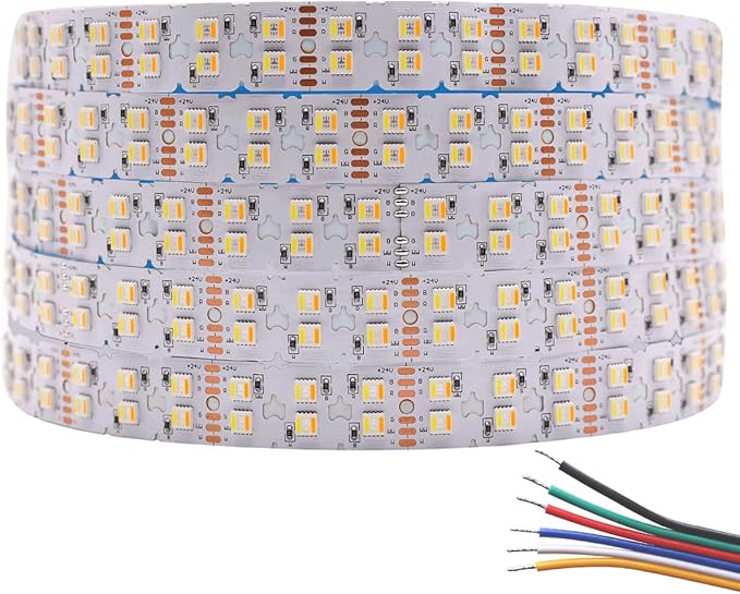 Bright Double Row Bendable RGBCCT 5in1 LED Strip 24V 660LEDs Micro Serrated And Center Cutout PCB Flexible S LED Strip RGB+W+WW 5 Colors In 1 LED (20mm Wide) 16.4ft (Dual Row 660LEDs IP20)