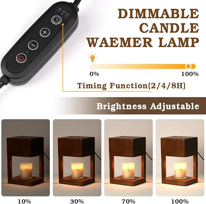 Candle Warmer Lamp Wood with Timer, Dimmable Electric Candle Lamp Warmer for Jar Candles, 2 * 35 Watt Bulb, Birthday Gifts for Women Men, Decorative Wooden Candle Lamp for Bedroom Home Decor