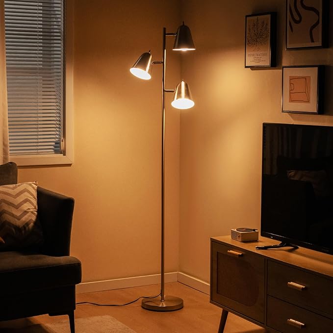 Tangkula 3-Light Floor Lamp, 64" Mid Century Modern 3 Light Tree, Standing Tall Pole Lamp with 3 A19 LED Bulbs and Adjustable Heads, 3 E26 Base, Reading Light for Living Room & Bedroom (Silver)