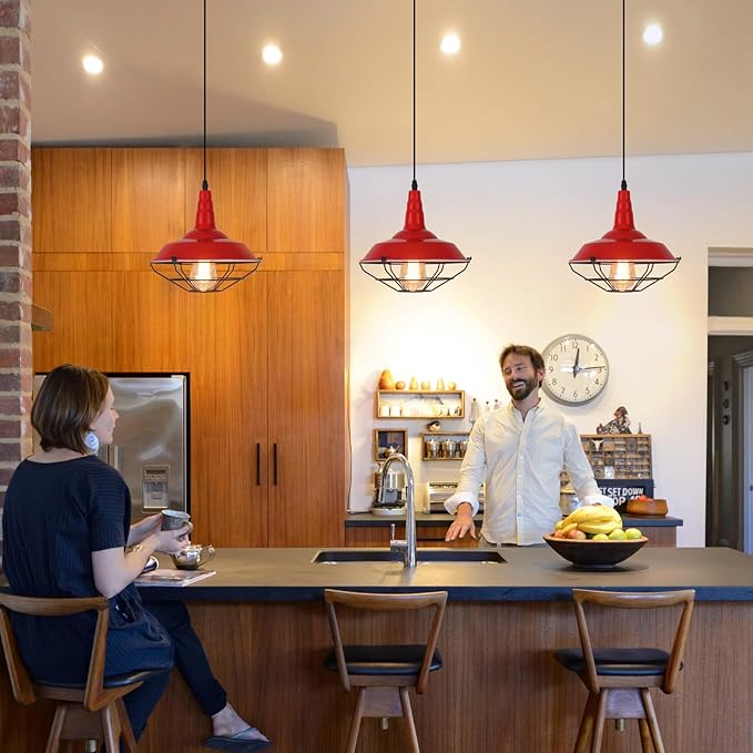 Farmhouse Red Pendant Light, 3 Packs 10.5 inch, Modern Pendant Lighting, Kitchen Pendant Lights, Industrial Pendant Light, Pendant Lights Kitchen Island for Bedroom, Living Room, Bar
