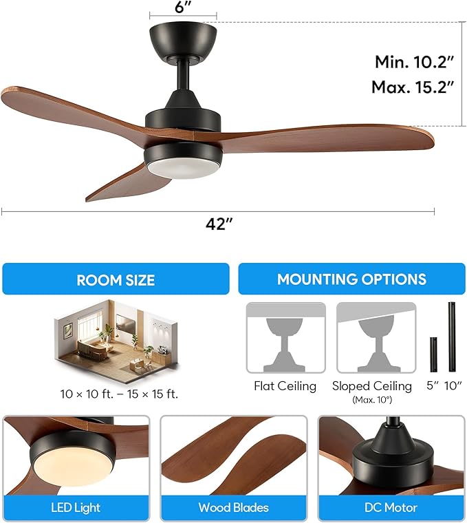 VONLUCE Ceiling Fans with Lights, 42 Inch Ceiling Fan and Remote, 6-Speeds Noiseless Reversible DC Motor, 3CCT, Wood Ceiling Fan for Outdoor Indoor Farmhouse Patios, Black