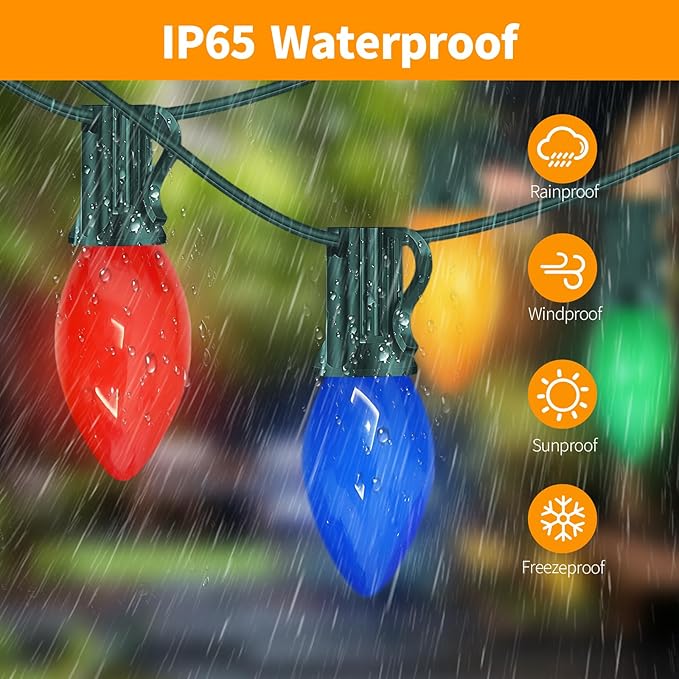 C9 LED Christmas Lights Outdoor 25FT Multicolor Christmas String Lights, Colorful Vintage Hanging Lights for Roofline Xmas Tree Patio Holiday Party Wedding Decoration