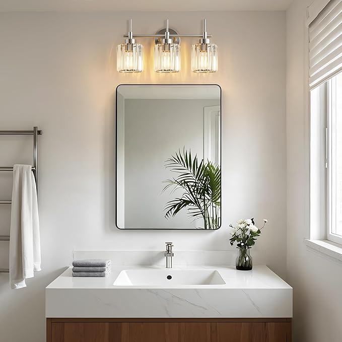3 Light Crystal Bathroom Light Fixtures, Brushed Nickel Vanity Mirror Lights, Crystal Bath Vintage Wall Mounted Lamps Wall Light Fixtures for Bathroom, Living Room