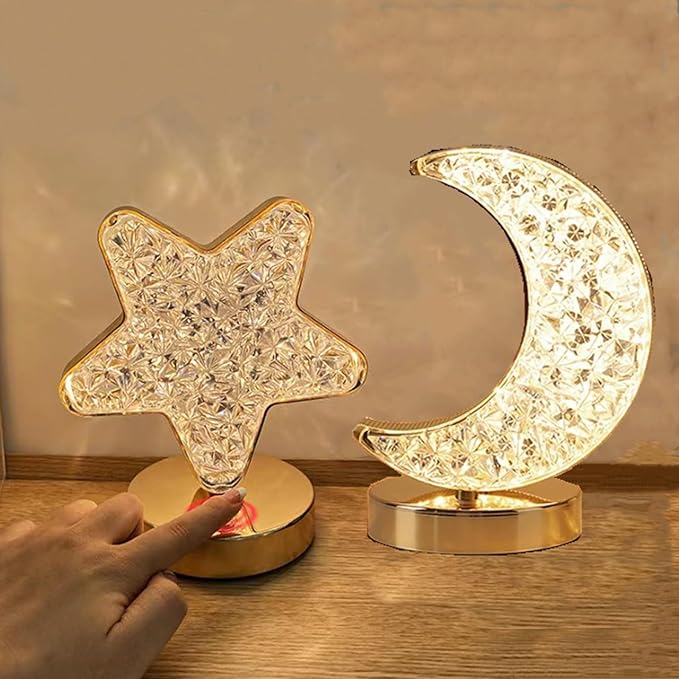 Countertop Crystal Lamps Star Table Lamps with Base Touch Control,Rechargeable and Dimmable Bedside Nightstand Nursery Light 3 Color Adjustable, Christmas Ramadan Bedroom Decorations Gift,7x4x4in