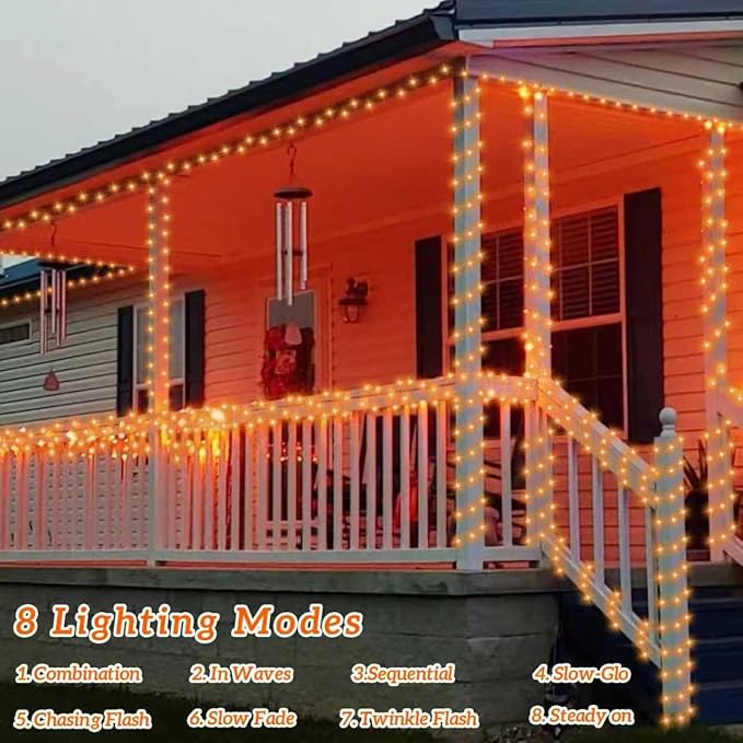 QITONG 4 Pack Orange Solar Christmas Lights, Each 33ft 100 LED Thanksgiving Fairy Lights Outdoor Waterproof, 8 Modes Copper Wire Mini String Lights