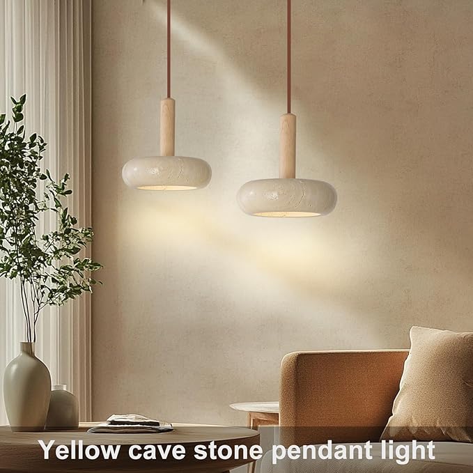 9.1inch 2PCS Japanese Wabi-sabi Style Travertine Pendant Lamp LED Natural Stone Shade Pendant Light Wood Bedroom Bedside Hanging Light 3000K for Living Dining Room Table