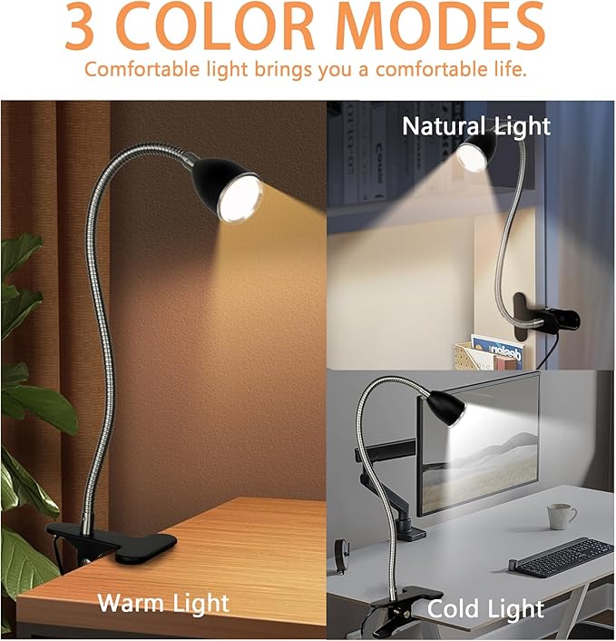 Desk lamp Eye-Caring Table Lamps, 360°Rotation Gooseneck Clip on Lamp Reading Light, Portable Reading Book Light, Clamp Light, Study Desk Lamps for Bedroom and Office Home Lighting (Black with Dimmer)