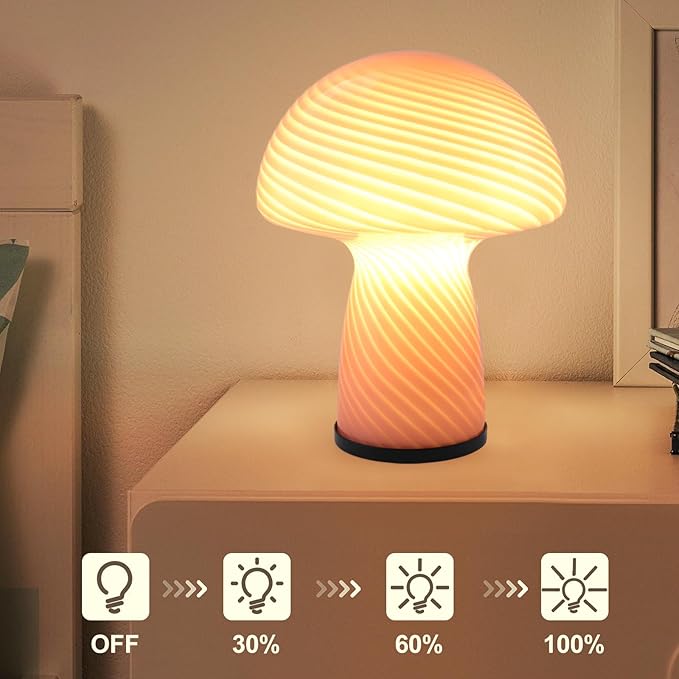 Mushroom lamp,Dimmable Glass Table Lamp,Vintage Style Table Lamp,Stripe Pink Bedside Desk lamp,Cute Table Lamps.（LED Bulbs Included）