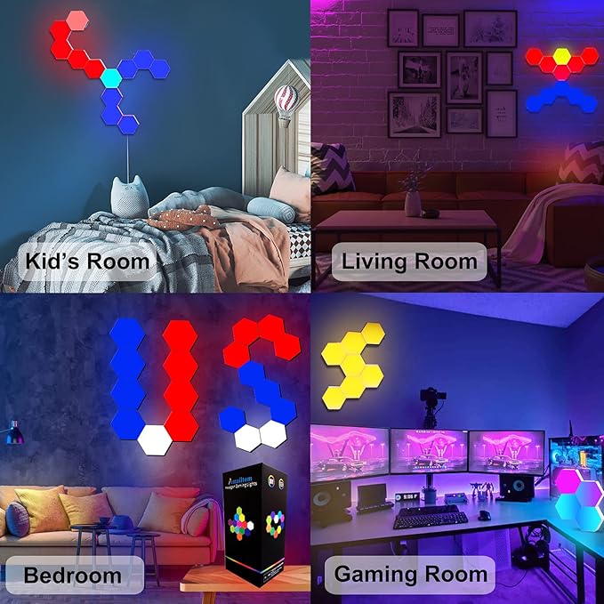 Hexagon LED Lights with Remote Control, Hexagon Wall Lights RGB Gaming LED Lights for Gaming Setup Touch Sensitive, DIY Geometry Modular LED Light Panels for Gaming Room Bedroom Streaming, 10 Pack