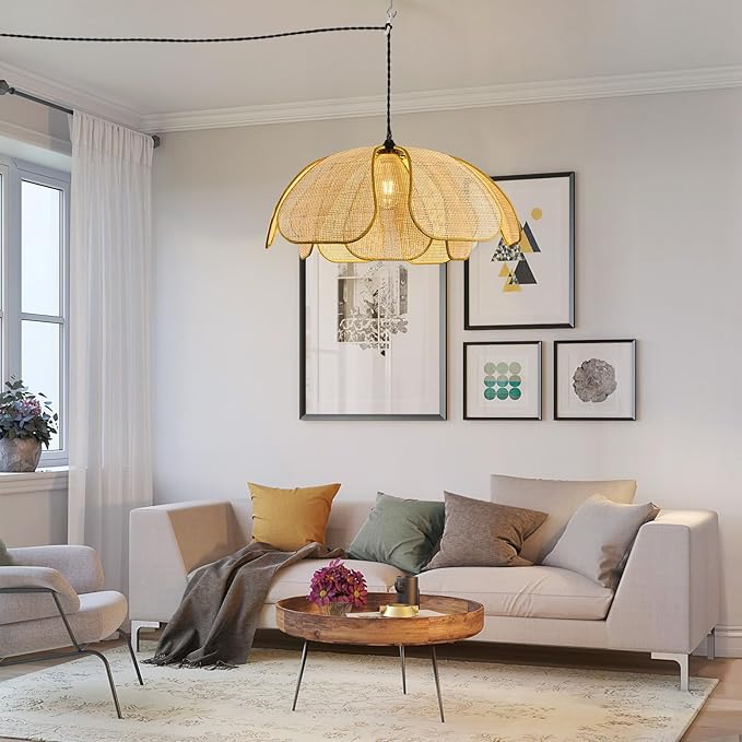 Boho Chandelier, Hemp Rope Pendant Light Hand-Woven Rattan Hanging Lamp Wicker Retro Light Fixtures for Hallway Entryway Kitchen Island Dining Room Bedroom(1-Pack)