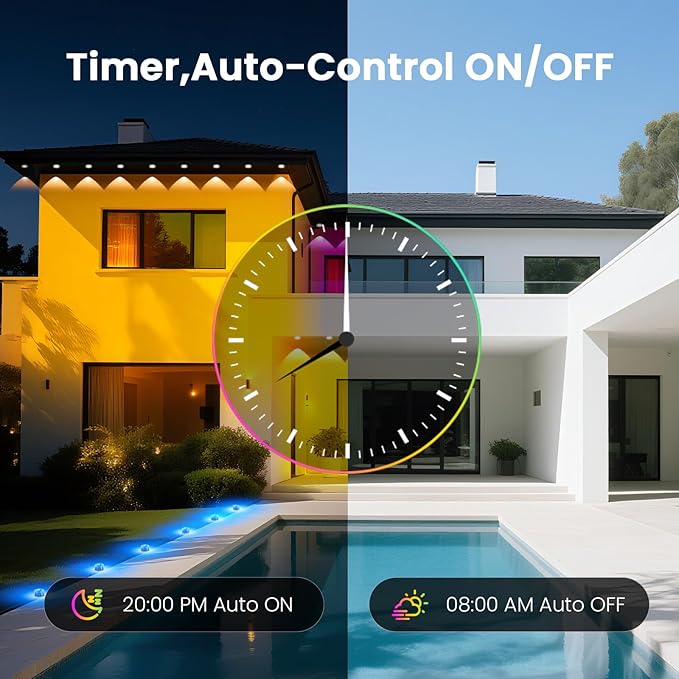 Outdoor Ground Lights 200 FT, Permanent Outdoor Lights for House with RGB Color Changing, Bluetooth Music Sync, IP67 Waterproof, Timer, for Eaves and Landscape Outdoor Lights.