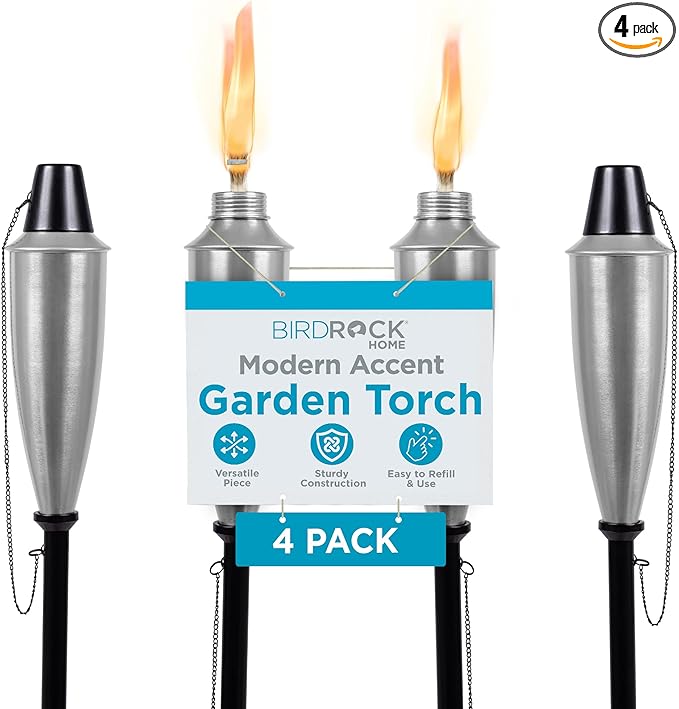 BIRDROCK HOME 60" Outdoor Torches - Durable Construction, Modern Design, Weather Resistant, Citronella Oil Compatible, Ideal for Backyards, Patios, Pathways - Garden Silver, 4 Pack