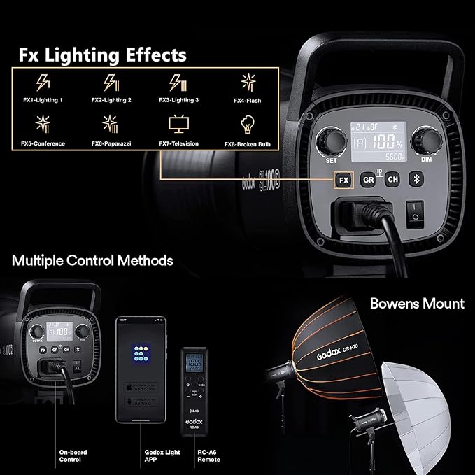 Godox SL100D Daylight LED Video Light, 100W 5600K 32100Lux @1M CRI 96+TLCI 97+ Bowens Mount COB LED Continuous Light, 8 FX Effects 0-100% Brightness Studio Light with APP Control