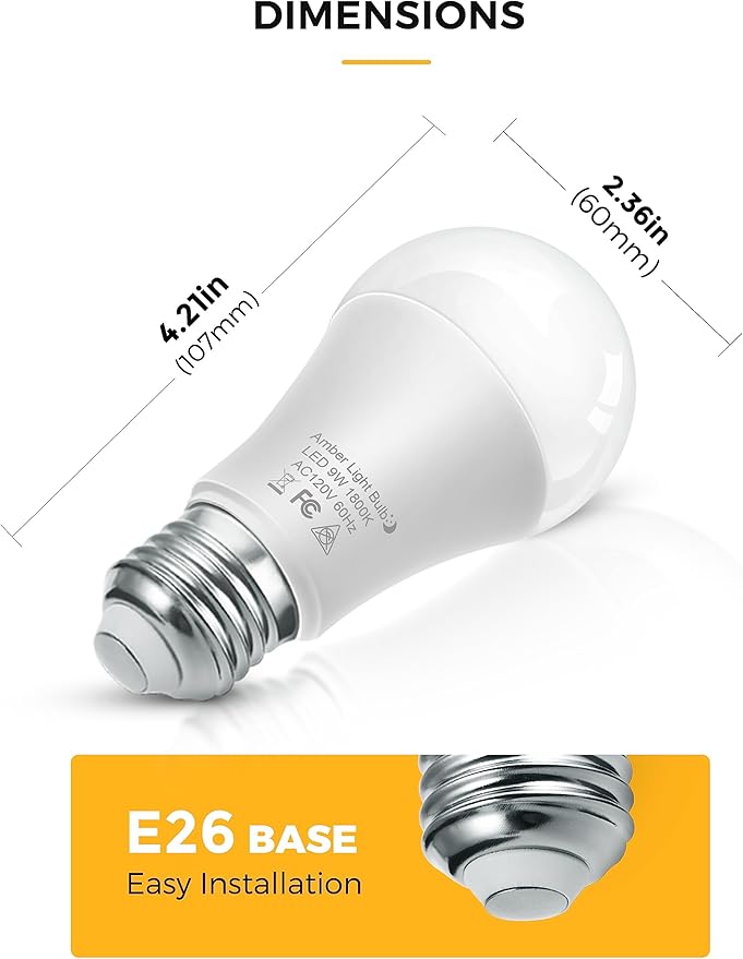 L LOHAS LED Sleep aid Amber Light Bulbs, Blue Light Blocking, A19 9W(60 Watt Equivalent) Dim Light Bulbs, 1800K Warm Light Bulb, E26 Base, 2 Pack
