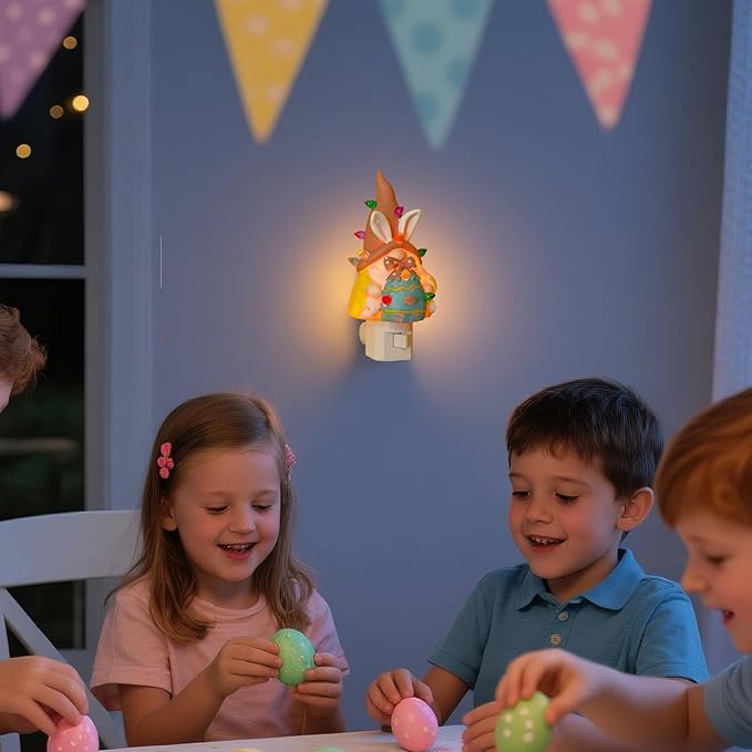 Easter Campfire Flickering Nightlight, Easter Night Light Plug Into Wall with Switch, LED Lamp for Hallway Stair Bedroom Easter Decoration (Pink Gnome)
