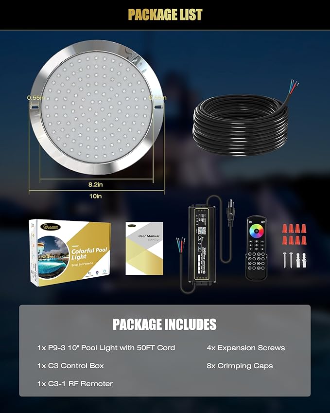 Goldlife P9 10Inch Pool Light with RGB Controller Kit, 50ft Cord 120W 12,000LM LED Underwater Pool Lights for Inground Pools, PC Corrosion-Resistant Swimming Pool Light Fixture