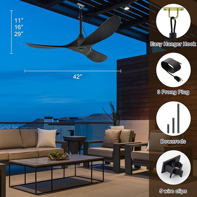 Outdoor Ceiling Fan no Light Waterproof - Plug in Hanging Hook for Patio, Porch, Gazebo - 42 inch Wet Rated Weatherproof Exterior Black 3 Blades Ceiling Fan with Remote