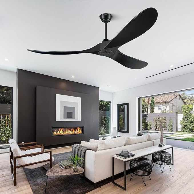 60 Inch Ceiling Fans Without Light, Solid Wood Ceiling Fan with Remote Control and Quiet DC Motor, Ceiling Fan no Light 3 Blades, Outdoor Ceiling Fans for Patios without Lights Matte Black