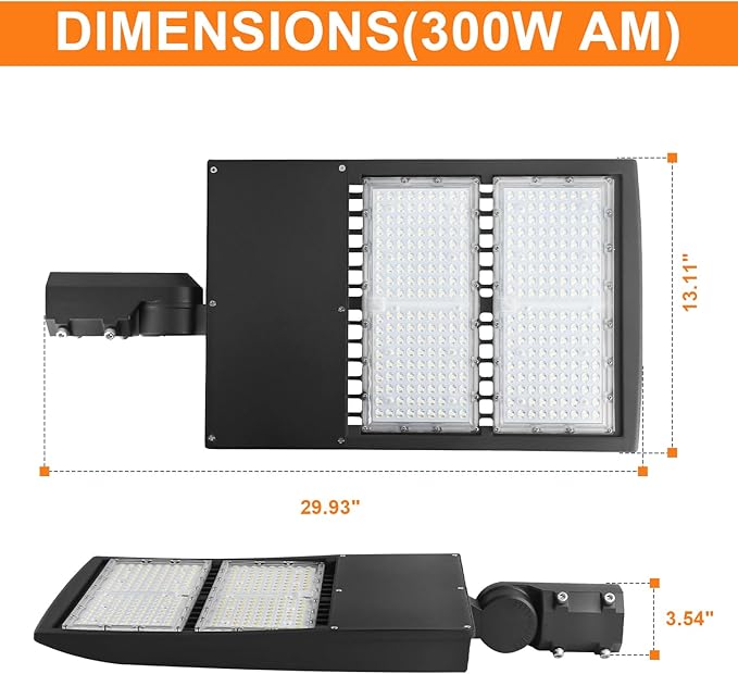 480V 300W LED Parking Lot Light, 42000LM LED Shoebox Street Flood Light (1000W MH/HPS Equiv.), 5000K Dimmable Commercial Area Lighting with 20KV Surge Protection, IP65 277-480V UL&DLC Listed