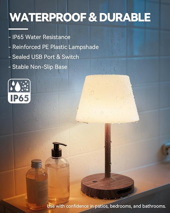 Outdoor Waterproof Shower Lamp, 5200mAh Cordless Rechargeable Table Lamp with Touch Dimming, IP65 Wireless LED Night Light for Patio, Camping, Bathroom, Restaurant & Kitchen