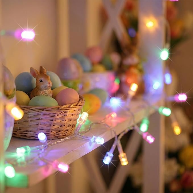 100 LED Easter Mini Lights - 33Ft Pastel Colored Connect String Light Plug in with 8 Modes, Timer, Waterproof- Fairy Christmas Lighting for Outdoor Tree Bedroom House Party Decorations - White Wire