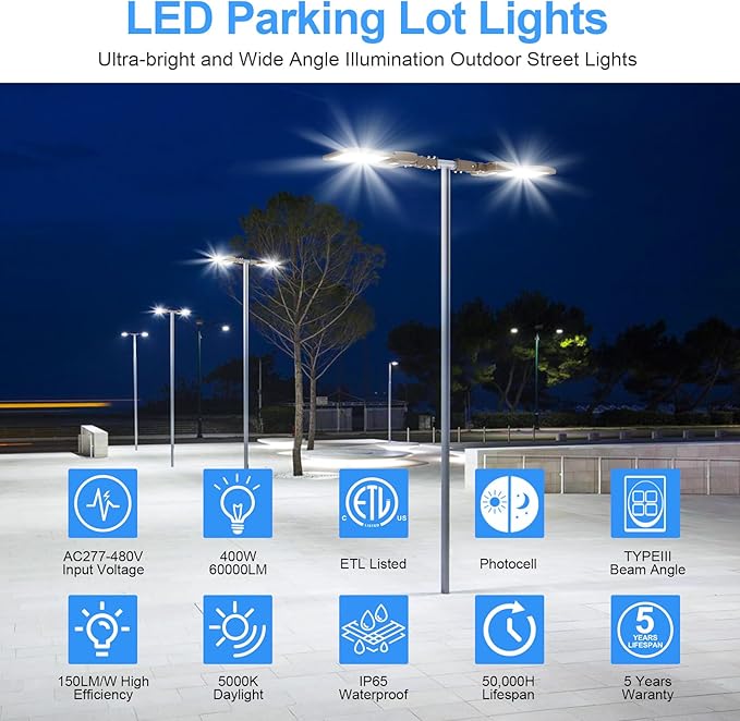 400W LED Parking Lot Light with Photocell 60000LM ETL Listed LED Shoebox Pole Lights 5000K IP65 Waterproof 277-480VAC Input Outdoor Commercial Area Lighting with Slip Fitter